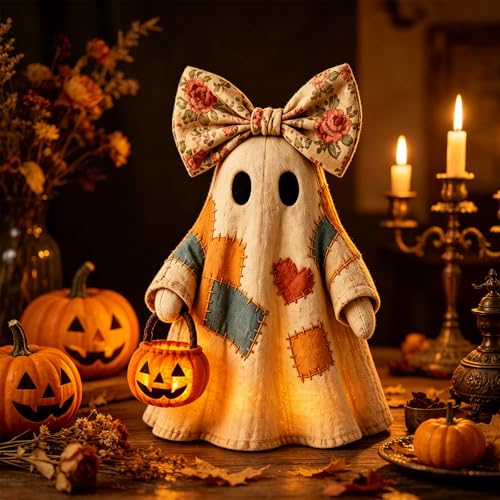 Kryilut Beleuchteter Vintage-Patchwork-Geist Lighted Vintage Patchwork Ghost Halloween Geister Lampe 3D Nachtlicht Geist Statue Halloween Deko für Schlafzimmer und Bücherregal (1 Stück)
