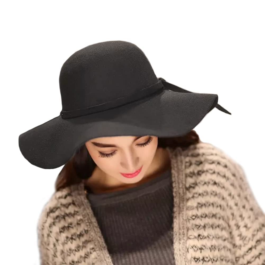 Femmes Fedora Trilby Chapeau Large Bord Floppy Chapeau Feutre Melon Chapeau Vintage Cloche Chapeau Panama Soleil Chapeau Laine Derby Chapeau Hiver Chaud Jazz Cap avec Ceinture pour Dame