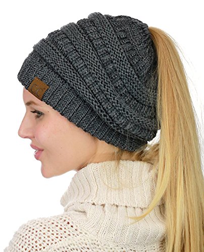 C.C BeanieTail Soft Stretch Cable Knit Messy High Bun Ponytail Beanie Hat, Dark Melange Gray Metallic