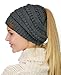 C.C BeanieTail Soft Stretch Cable Knit Messy High Bun Ponytail Beanie Hat, Dark Melange Gray Metallic