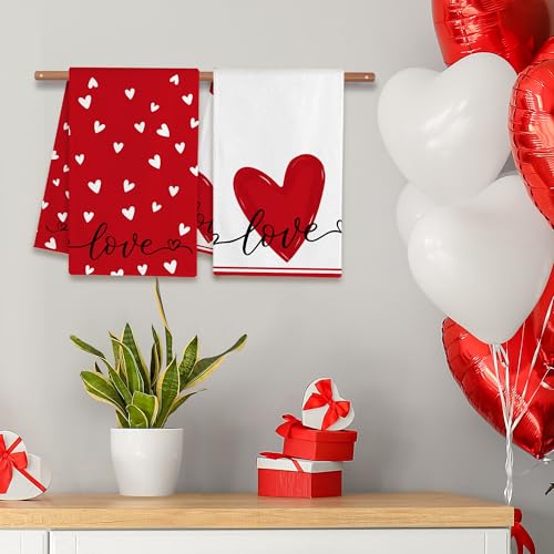Image of FUTBU Valentines Day Kitchen Towels Set of 2, Red Heart Love Dish Towels 18x26 Inch Drying Dishcloth,Valentine Day Decorations for Home Housewarming Gifts Bathroom