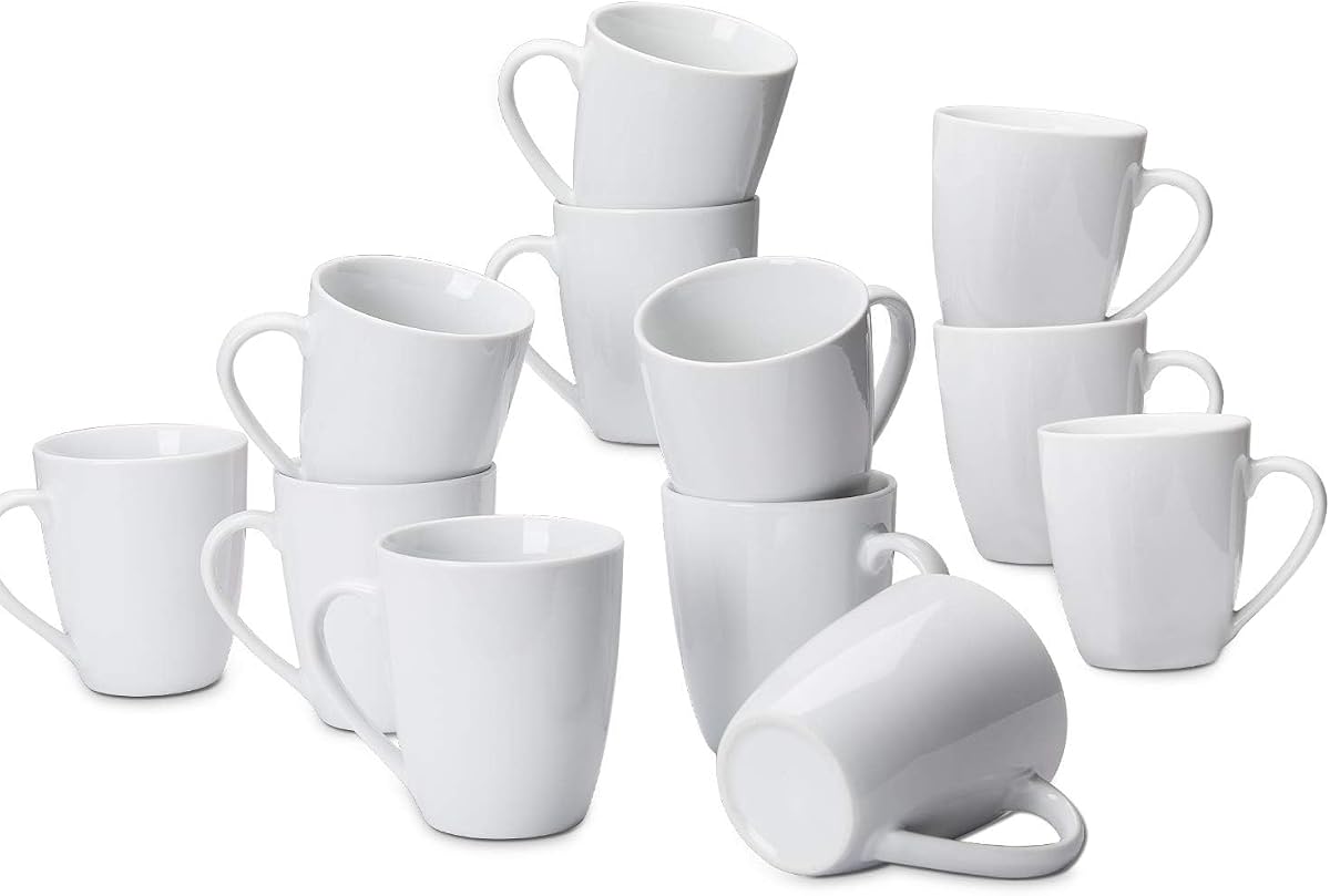 Amazon Basics Tazas de café de porcelana resistentes al calor, aptas para microondas y horno, 12 oz, blancas, 12 unidades