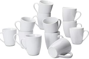 Amazon Basics 12-Piece Porcelain, 12 Oz. Coffee Mug Set, White