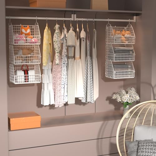 Image of PUPPYCUTE Hanging Closet Organizer and Storage, Clothes Hanging Shelves Wire Baskets for Clothing Sweaters Purse Handbags Shoes White 5 Tier