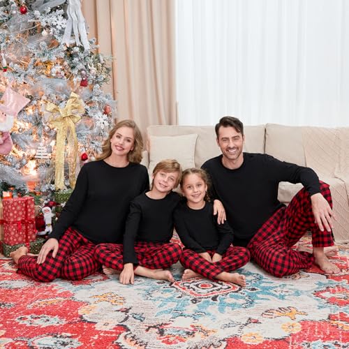 Family Matching Christmas Pajamas Set - Cotton Long Sleeve Solid Top & Plaid Pants | Holiday Matching Pajamas3