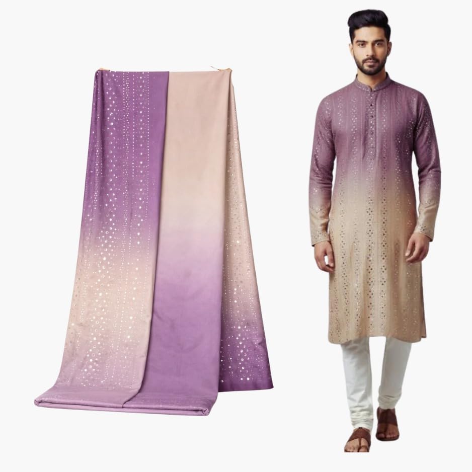 Ombre Heavy Mirror Work Men’s Kurta Fabric | Designer Wedding & Festive Special Wear | Unstitched | Suitable for Size S to XXL | Width 58 Inch | Front 80 cm + Back & Sleeves 1.20 m