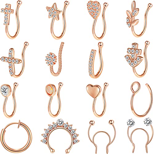 Hicarer 16 Pieces Fake Nose Rings Clip On Faux Piercing Jewelry Faux Lip Ear Nose Rings Clip Inlaid CZ Non Piercing Clip On Nose Hoop Rings for Woman Man (Rose Gold)