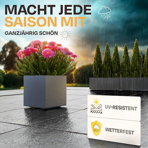 Ondis24 Pflanzkübel Vulkan Pierre 50, Blumentopf 50 x 50 cm, Garten Blumenkübel, Schiefer Optik Pflanzkübel mit Wasserspeicher, Pflanzenkasten hoch, Winterfest (Anthrazit)