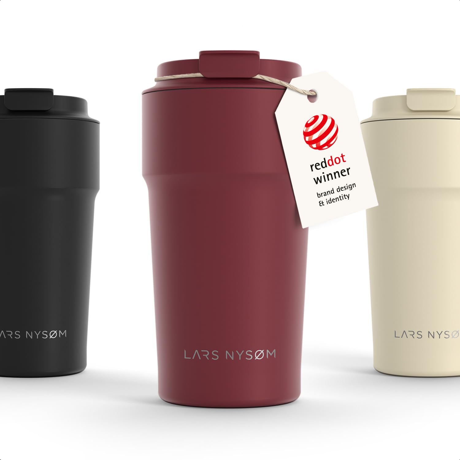 LARS NYSØM Thermo Coffee Mug-to-go 17oz | Travel Mug 0.5 L with Insulation | Silicone Grip Base | Leak Proof Stainless Steel Tumbler for Coffee and Tea on the Go (Berry Red - Powder, 500ml)