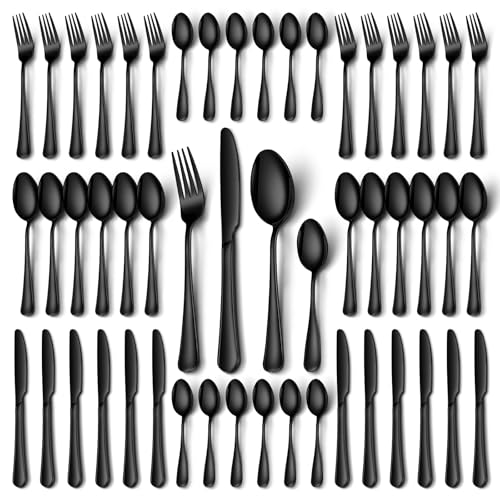 Black Cutlery Set NINIROR 48 Pieces Stainless Steel Flatware Set for 12 People Tableware Silverware Set with Spoon Knife and Fork Sets for Home Kitchen Mirror Polished Dishwasher Safe
