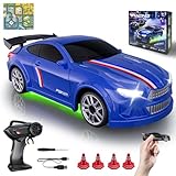 Mini RC Drift Car 1:64 Scale, Remote Control Car with LED Lights & 2-Speed Modes, 2.4GHz Stunt Drifting RC Toys with 4 Obstacles & Track Mat, Hobby Gift for Kids & Adults, Blue
