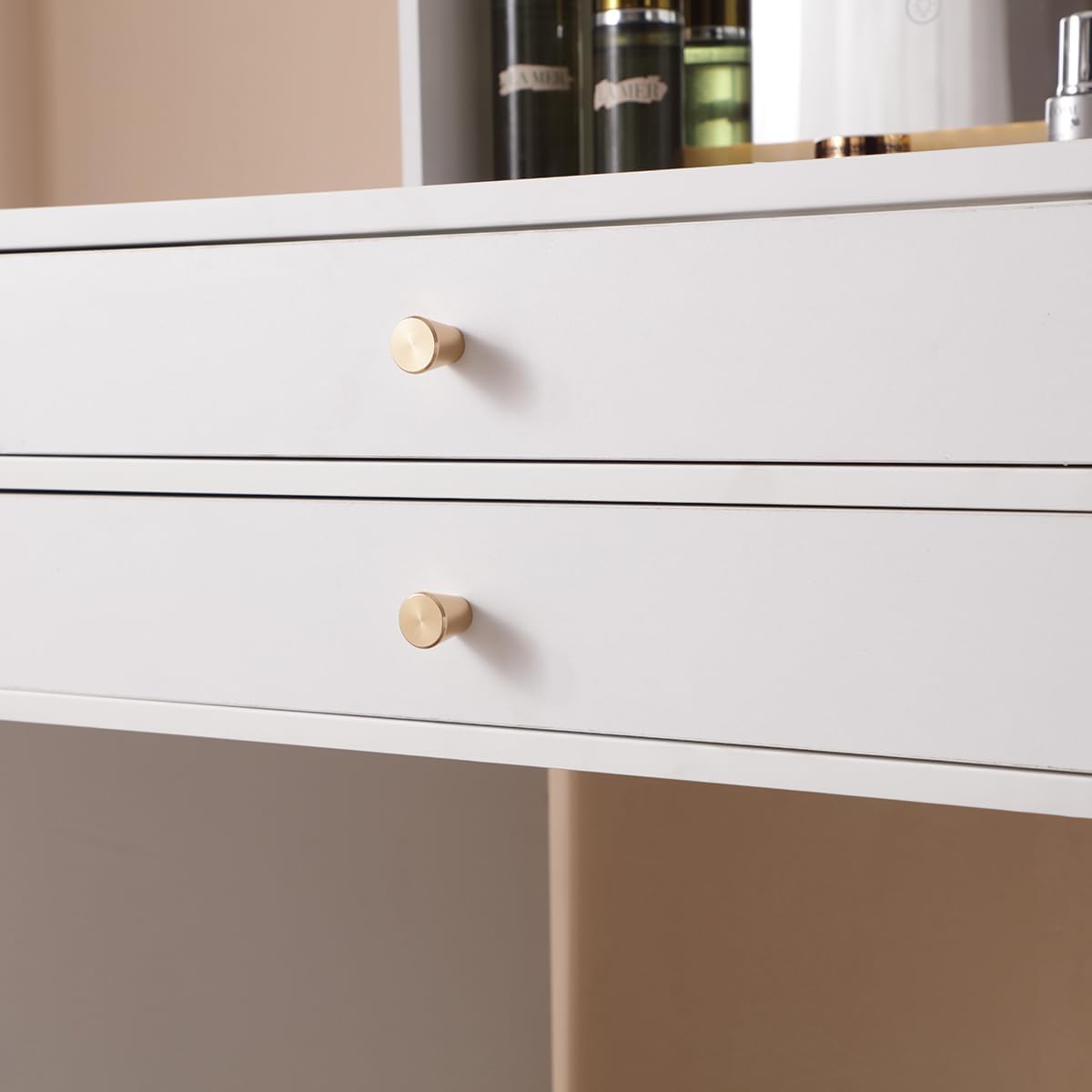 Vanity Desk with Lighted Mirror, Makeup Vanity Desk with Drawers and Storage Cabinet for Bedroom, Glass Desktop, 3 Lighting Modes Adjustable Brightness, Storage Stool, White