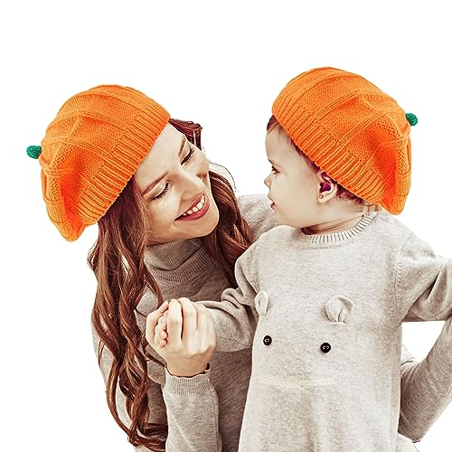 June Bloomy 2Pcs Mom and Baby Pumpkin Beret Hat Halloween Knit Cap Thanksgiving Crochet Warm Cap