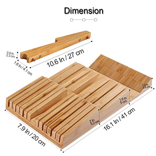 Image of NIUXX Bamboo In-Drawer Knife Block Set for 12 Knives(Not Included) | Large Kitchen Detachable Washable Cutlery Slot Organizer Storage Holder for Sharpening Steel and Cutter