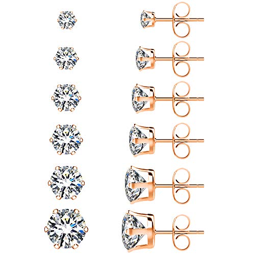 UHIBROS Stainless Steel Stud Earrings Set Hypoallergenic Pierced Cubic Zirconia Gold 6 Pairs 3-8mm (Rose Gold)
