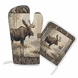 Oven Mitts and Pot Holder Set for Kitchen, Forest Moose Kitchen Oven Gloves Heat Resistance Non-Slip Surface Potholders Animal Sunlight Misty Wetland Hot Pads Sets for Cooking Baking Grilling BBQ