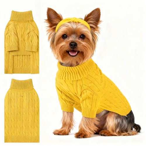 Image of Small Dog Thermal Pullover Sweater, Classic Turtleneck Cable Knitwear Dog Clothes for Cold Weather Warm Pet Clothes for Chihuahua, Bulldog, Dachshund, Pug Yellow Small