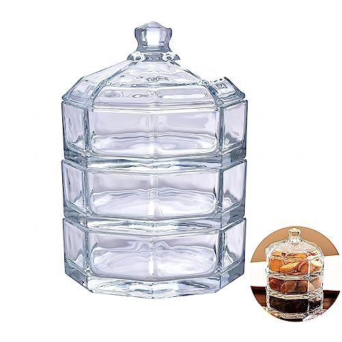 SOOMILE Contenedor de almacenamiento de vidrio apilable de 3 niveles, tarros de almacenamiento transparentes decorativos con tapas, recipientes apilables para aperitivos, tarro de caramelo, recipiente