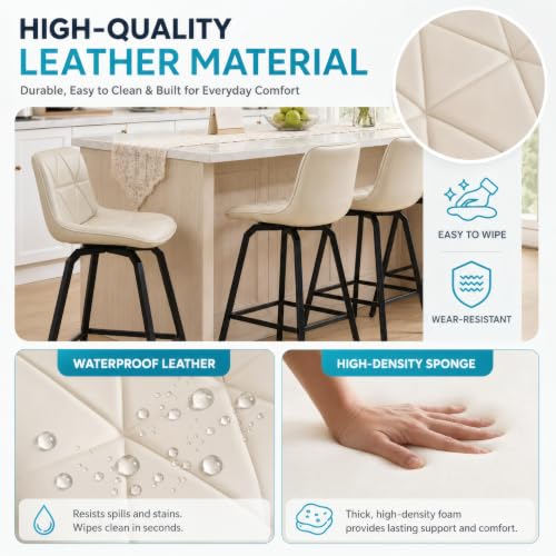 Butacos de altura para barra de 26 pulgadas, set de 3 unidades, con giro de 360°, tapizados en cuero sintético con patrón triangular, respaldo y reposapiés, estructura metálica, color blanco miniatura 5