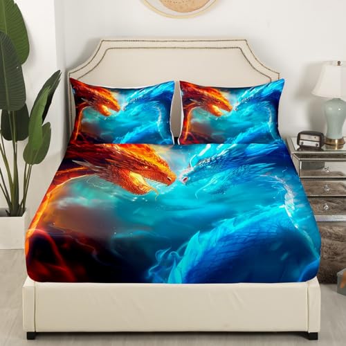 Homemissing Dragon Fitted Sheet Ice Fire Dragon Bed Sheets for Kids Boys Girls Safari Wildlife Bedding Set Orange Blue Dragon Sheets Set Bedroom Collection 2Pcs Single Size,No Flat Sheet