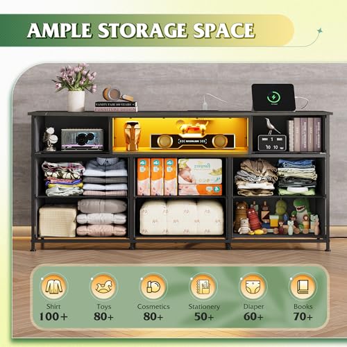 Image of WLIVE Dresser TV Stand for 65 Inch TV, 8 Drawers, LED, Black Wood Grain