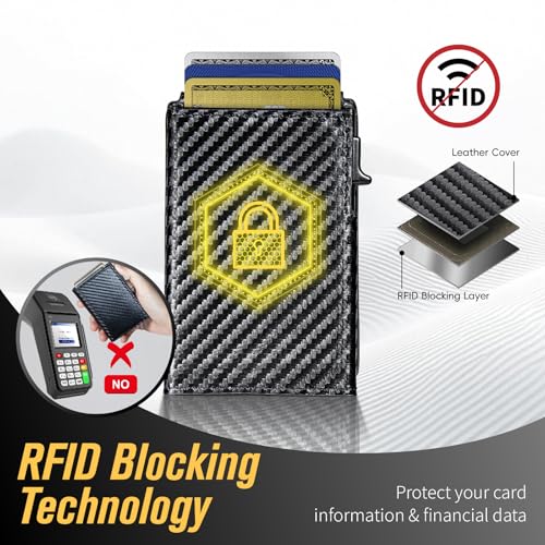 Wallet for Men, Slim Minimalist Mens Wallet for RFID Blocking, Front Pocket Credit Card Holder Wallets with Money Clip & ID Window, Smart Pop Up Metal Case Gift for Men, Carbon Fiber Black4