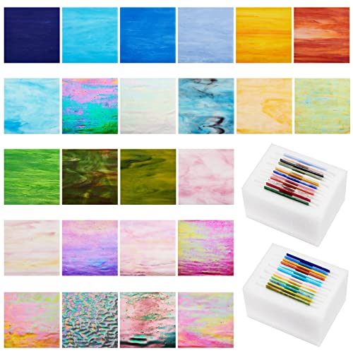 Rtteri 24 Sheets Stained Glass Sheets With Variety Patterns 4 X 4 Inch Opaque Mixed Colors Stained Glass Scrap Pieces Colored Glass Assorted Texture Mosaic Glass Tiles For Crafts Art Supplies #TOP29