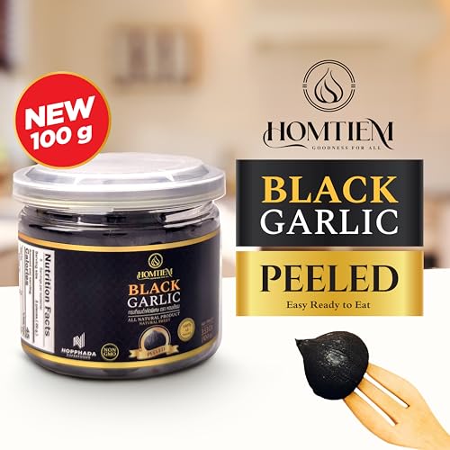 Image of Homtiem Black Garlic, Whole & Peeled, Fermented for 90 Days, Ready to Eat, Non-GMO, No Additives (3.53 Ounce (Pack of 1), Peeled)