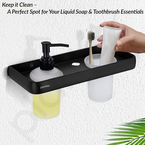 Image of Plantex Self Adhesive Aluminium Liquid Soap Dispenser with Tumbler Holder for Bathroom /2 in 1 Shampoo Dispenser with Toothpaste Holder /Bathroom Accessories - Pack of 1 (1505, Black)