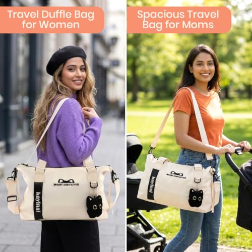 Image of PALAY Travel Bag Beige Waterproof Nylon Duffle Bag for Gym with Cat Charm | Large Capacity, Water-resistant Fabric, Letter Cat Ear Design, Removable Strap, Carry on Tote for Dance, Workout, Travelling