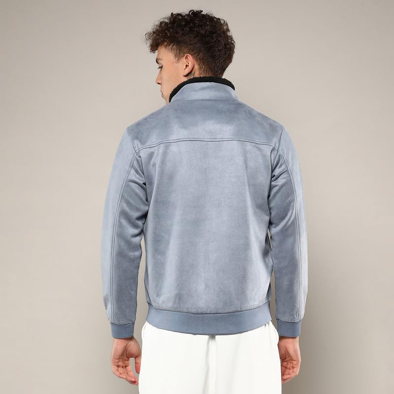 Image of Campus Sutra Men's Grey Zip-Front Jacket With Fleece Detail For Casual Wear | High Neck | Long Sleeve | Zipper Closure | Suede Jacket Crafted With Comfort Fit For Everyday Wear
