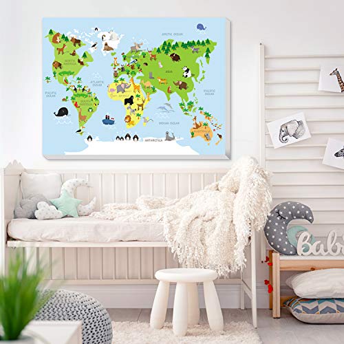Texture Of Dreams Kids Zoo Animal World Map Print Wall Art Canvas, Children Educational Developmental Fun Animal Map Of The World, Baby Room Design Nursery Decor Large Canvas Prints (24" X 36") #TOP1