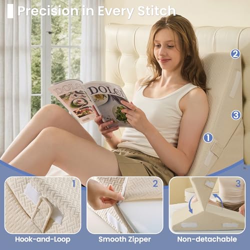 Image of Sasttie Wedge Pillow for After Surgery, Adjustable Bed Wedge Pillow Headboard for Acid Reflux, Sleeping, Neck & Back Support, with Removable Cover, Beige