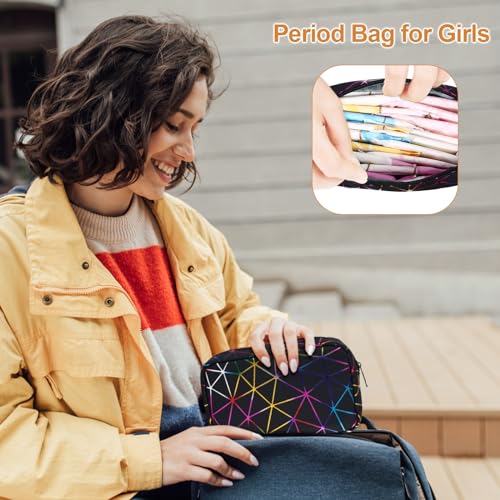 Image of Likesing Period Bag for Girls Womens, Leather Sanitary Napkin Storage Bag, Portable Menstrual Pad Bag Period Pads Pouch, Small Make Up Bags(Colorful Black)