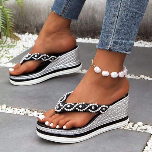 Tongs compensées pour femme avec perles d'été