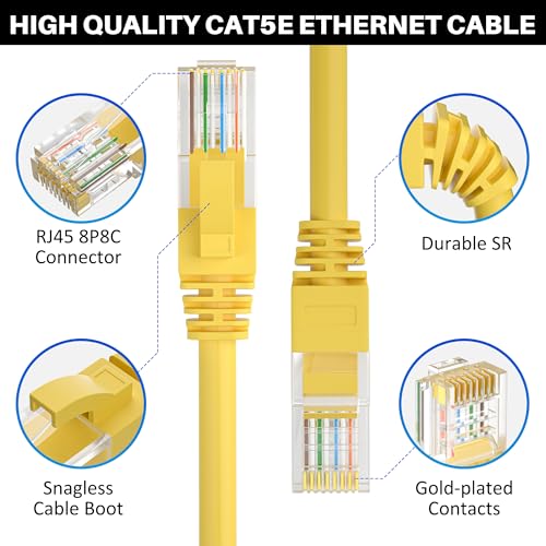 Image of Cat5e Ethernet Cable 300 FT, Long Cat 5e Internet Cable, Yellow Snagless Patch Cord, Flexible, Network, LAN, PoE, Standard RJ45 Connector for PC, Server, Router, Modem, TV, PS5 - with 15 Cable Ties