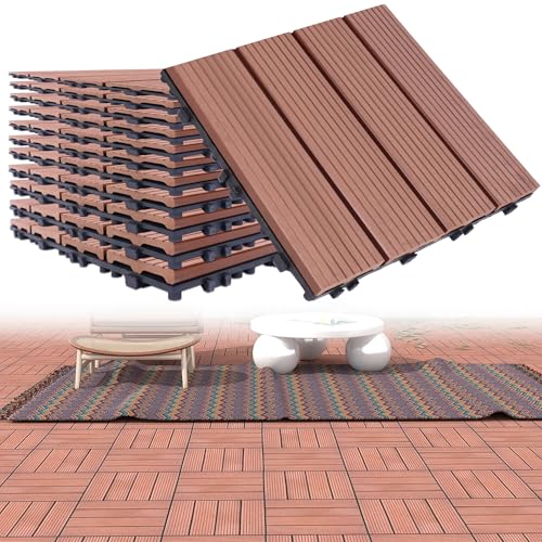 Suusolny Lot de 22 dalles de terrasse WPC à clipser, 30 x 30 cm, avec aspect bois et drainage - En plastique résistant aux intempéries, pour balcon, terrasse, jardin - Marron