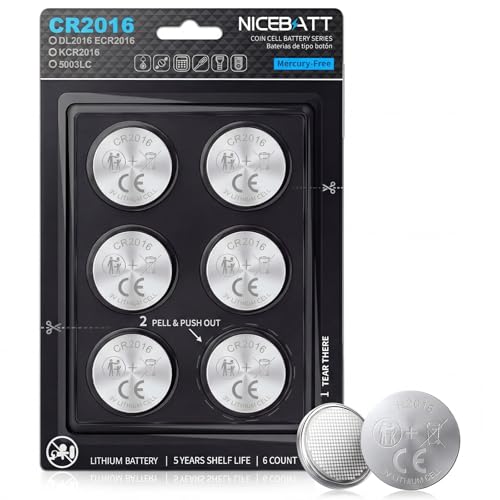 NICEBATT CR2016 3V Lithium Battery 6 Pack Long Lasting Power for Key Fob Watch Calculator and More