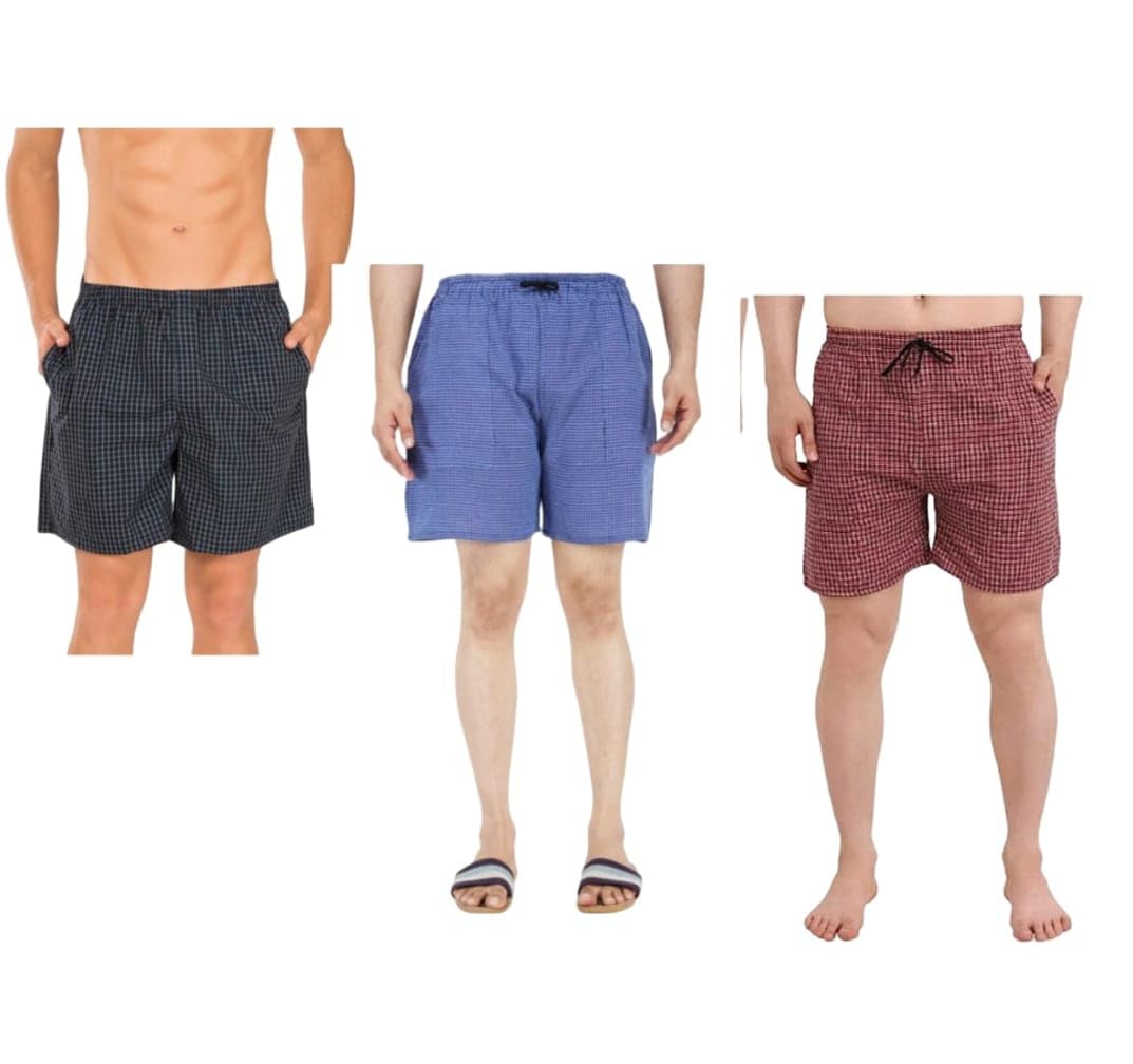 | Men’s Regular Fit 100% Cotton Casual Lounge Shorts | Dual Pocket Sleep Shorts Pack of 3
