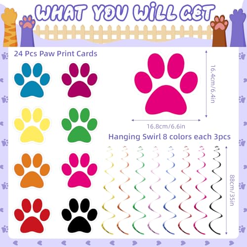 Image of Weecent 24 Pcs Dog Paw Prints Themed Party Hanging Swirl 8 Colors Puppy Birthday Decorations Banners Paw Prints Ceiling Streamers for Pets Birthday Party Favors Supplies