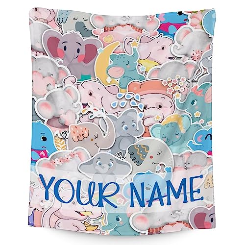 Personalized Elephant Blanket Gifts with Name - 30"x40" Cute Throw for Women Girls - Colorful Soft Fuzzy Blankets for Couch & Office