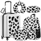 Redbaker 6 Pcs Kids Luggage Set 17 Inch Kids Rolling Luggage Double Pattern Suitcase for Girls Boys School Gift (Black and White,17 Inch,Cow Style)