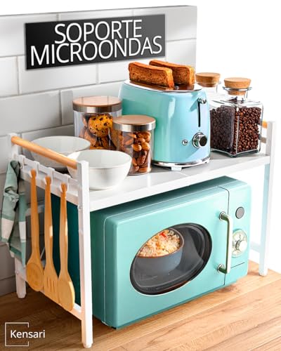 Kensari Soporte Microondas Extensible - Estanteria Microondas con Altura Ajustable y Asas de Madera - Mueble Coffee Corner Blanco con Estante - Organizador Encimera Cocina para Electrodomesticos