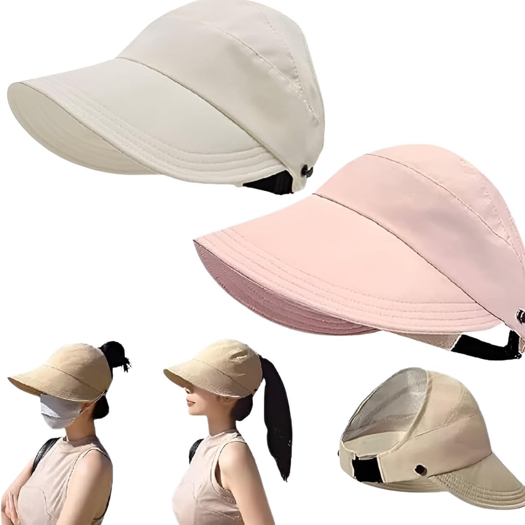 Women Open Top Sun Visor Cap with Wide Brim and Ponytail Opening, Adjustable Back Strap, Rollable Design Multicolour