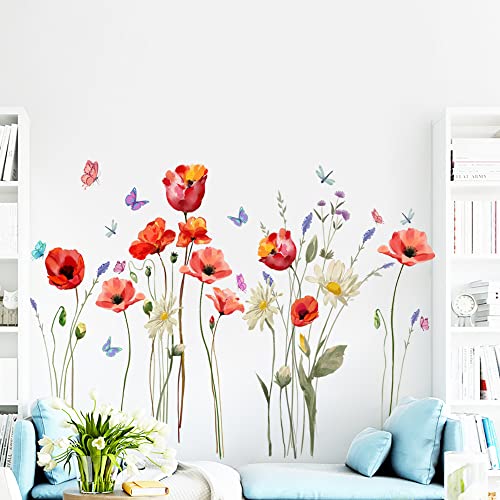 Runtoo Poppy Flowers Art Stickers Butterfly Floral Wall Decals for Living Room Bedroom Decor, 30cm x 90cm (12 inches x 36 inches) - Image 3