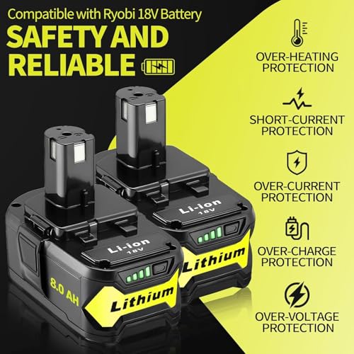 Image of Replacement for Ryobi 18V Battery: 8.0Ah Replace Compatible with Ryobi Lithium Battery P107 P108 Cordless Power Tools with LED Indicator Light 2 Pack