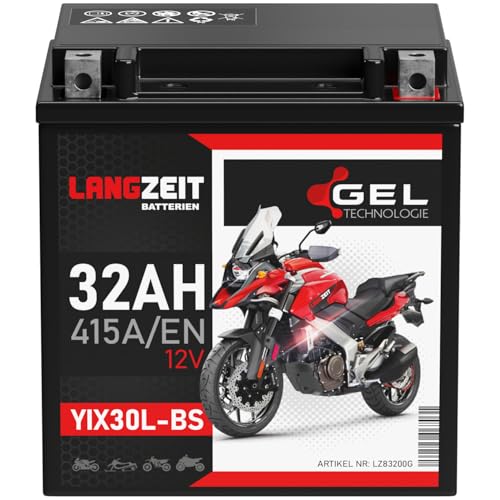 LANGZEIT YIX30L-BS Batterie de démarrage pour moto 12V 32Ah 415A/EN, Gel, YB30L-BS 83200 Motorcycle, Scooter, Quad, sans entretien, scelleé, préchargée, remplace 30Ah