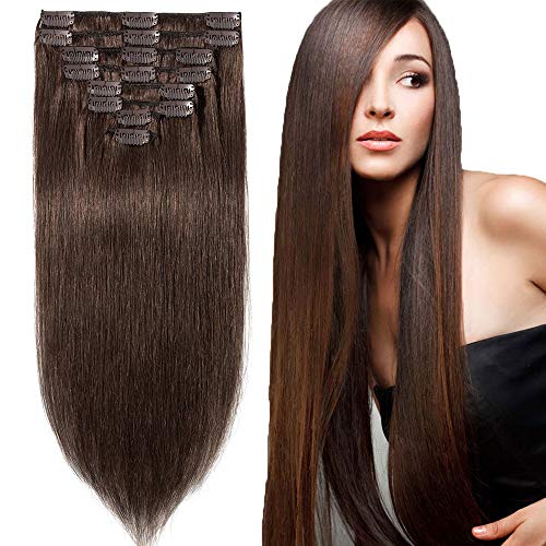 Full Head 8 Pieces Set Long length Straight Very Soft Style Real Silky for Beauty #4 Medium Brown