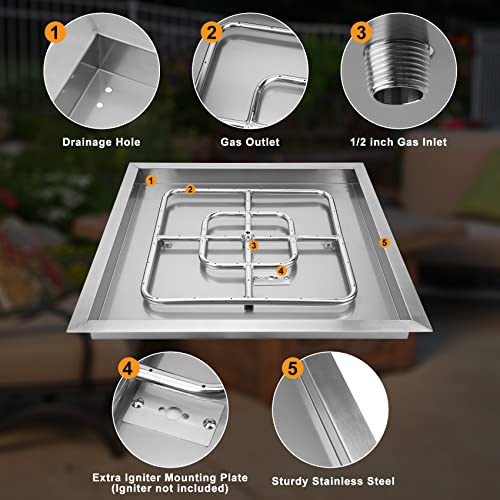Image of onlyfire Stainless Steel Square Fire Pit Flat Pan with Burner Ring Assembly, 24-Inch