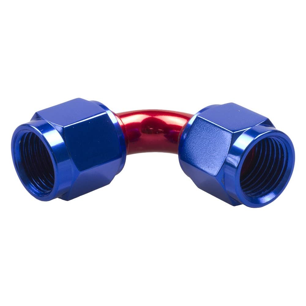 12AN 90 deg Female to Female an & JIC Flare Swivel Coupling - Red & Blue